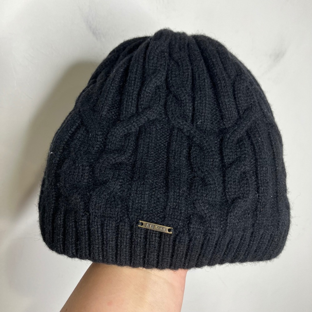 L.L. Bean black cable knit beanie fleece lined wool blend one size fits all